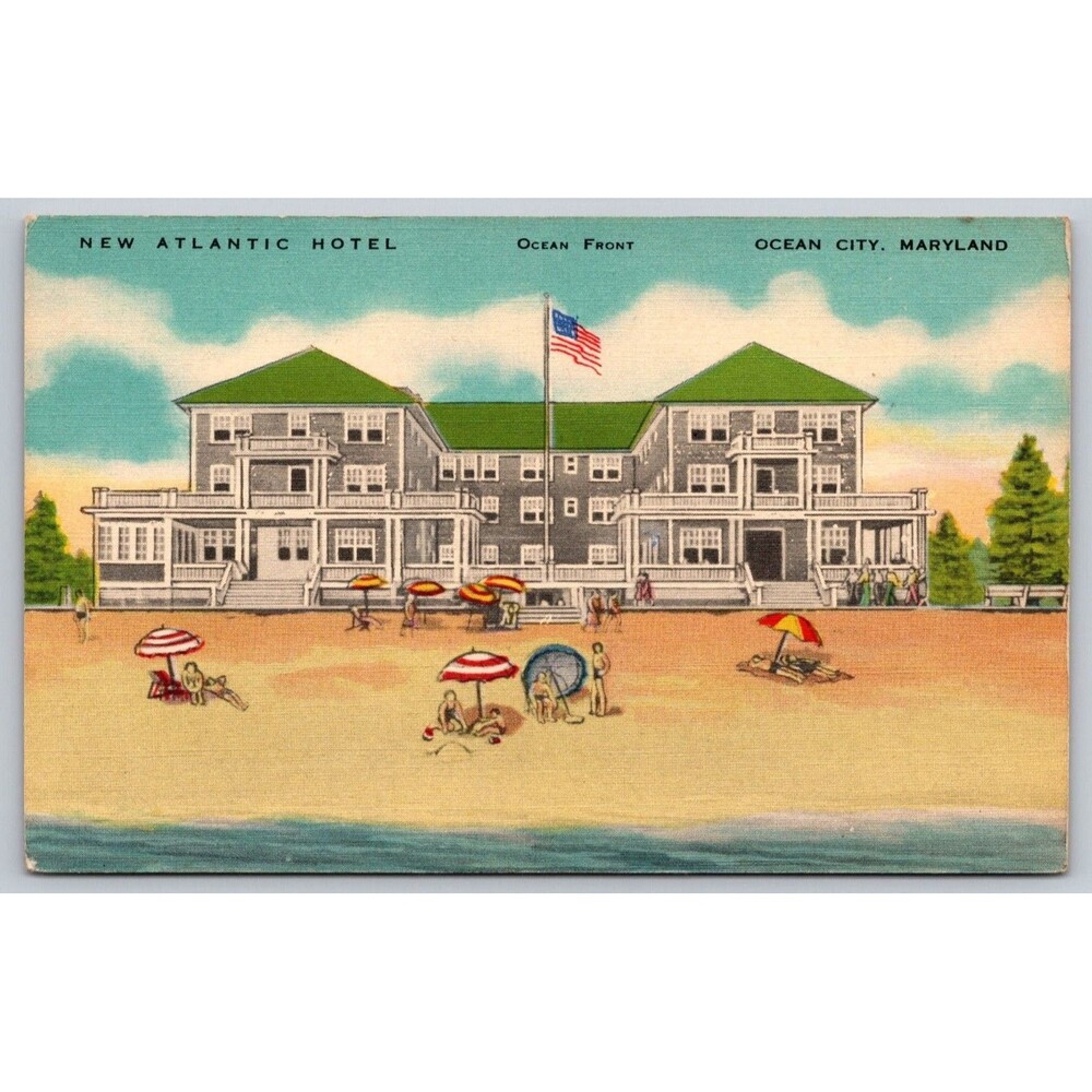 Vintage Postcard New Atlantic Hotel Ocean City  Maryland MD Linen Beach Front